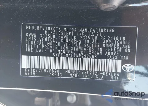 2022 Toyota Corolla Le из США, поврежденный, VIN 5YFEPMAEXNP298668